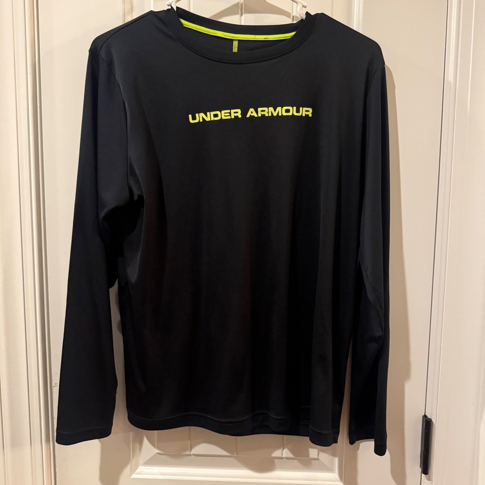 Under Armour HeatGear Kids YXL Black Lime Green Long Sleeve Athletic Shirt Loose